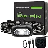 King-Pin Stirnlampe LED Wiederaufladbar, Kopflampe Stirnlampe mit Bewegungssensor, IPX5 Wasserdicht, 2 Unzen Ultraleicht Stirnleuchte für Jogging Laufen Nachtangeln Spaziergang Hund Campen Lesen