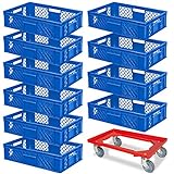 10 Eurobehälter, LxBxH 600x400x150 mm, Industriequalität, lebensmittelecht, blau + 1 Transportroller, rot