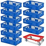 10 Eurobehälter, LxBxH 600x400x150 mm, Industriequalität, lebensmittelecht, blau + 1 Transportroller, rot